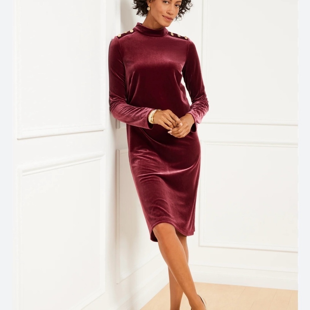 Talbots Women Elegant Velvet Burgundy Red Shift Dress size Small NWT